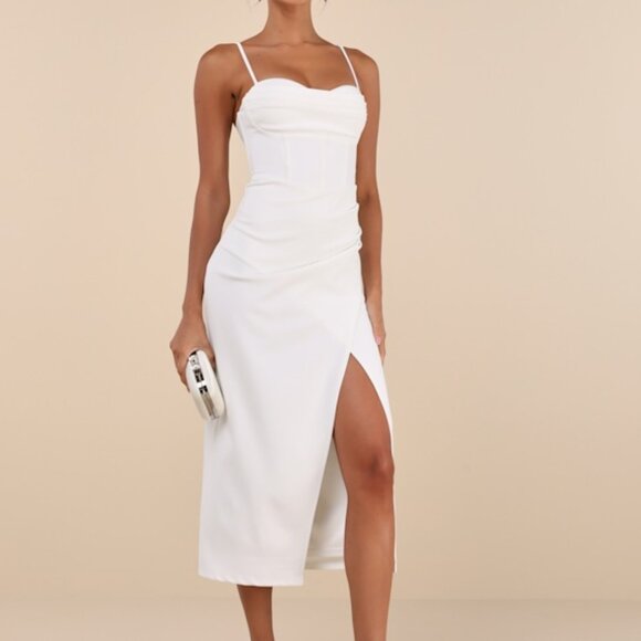 Lulus Always Turning Heads White Bustier Tulip Midi Dress - Size XL - Picture 1 of 1